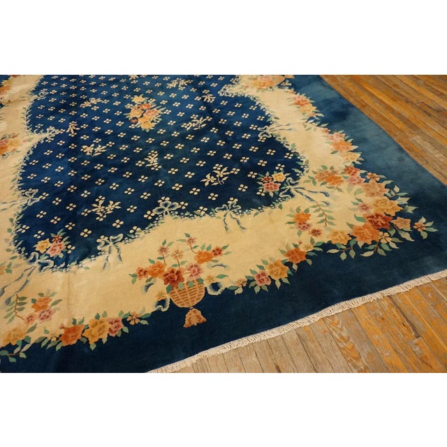 1930s Blue Navy Roses 4 Star Antique Chinese Art Deco Carpet 9' X 11'4" Knotted Wool Rug For Sale In New York - Image 6 of 14