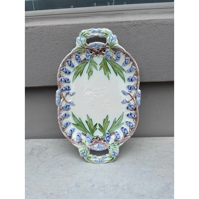 Large Majolica Handled platter with purple flowers Villeroy & Boch Circa 1900. 14.5 inches.