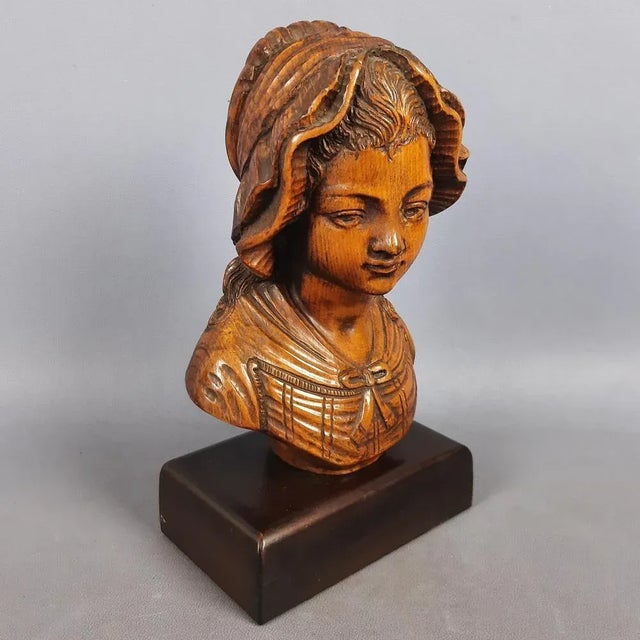 Vintage Italian Wood Sculpture Bust of Girl, 1960s For Sale - Image 6 of 15