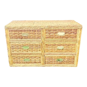 Vintage Woven Wicker 6 Drawer Campaign Hardware Coastal Regency Dresser