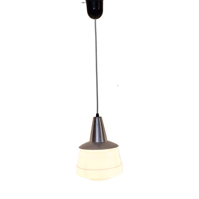 Vintage Ceiling Lamp with Aluminum Mount and White Glass Shade, 1970s For Sale