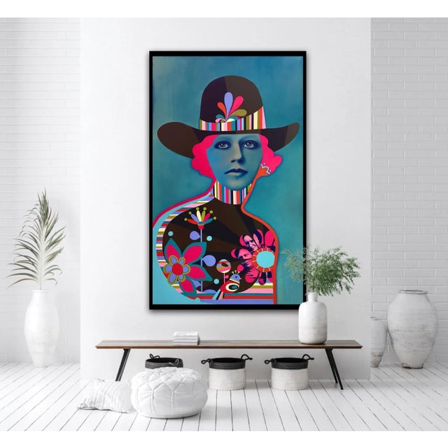 “Outlaw” is an amazing painting with a fashionista female figure wearing a hat, and a bright colorful blue background. It...