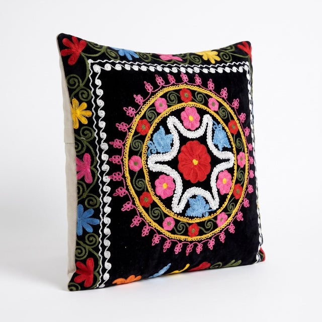 This beautiful 18'' x 18'' hand-embroidered Suzani pillow cover was made from authentic Uzbek cotton fabric. The intricate...