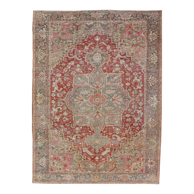 Antique Heriz Rug With All-Over Floral Medallion Design in Traditional Colors 7'7 X 10'5 For Sale