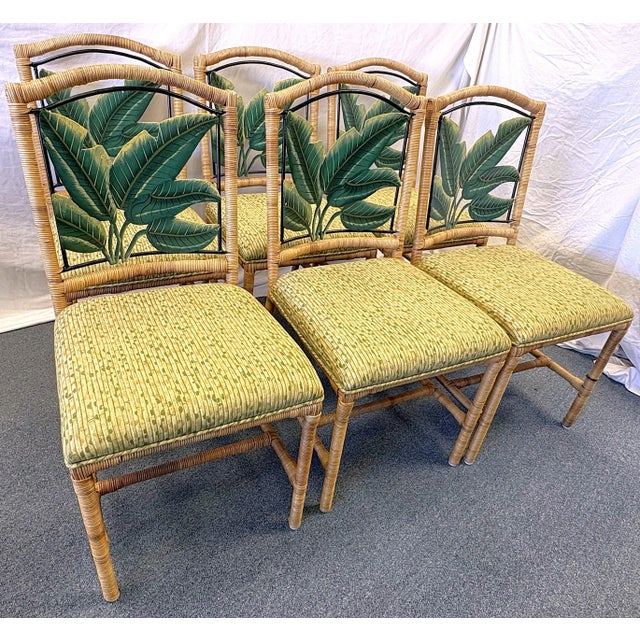 McGuire Vintage McGuire Style Rattan Wrapped Dining Chairs With Banana Leaf Back Detail- Set of 6 For Sale - Image 4 of 18