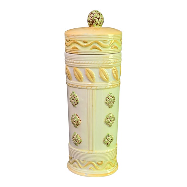 Vintage Italian Majolica Ceramic Oval Pasta Storage Canister Artichoke Top For Sale