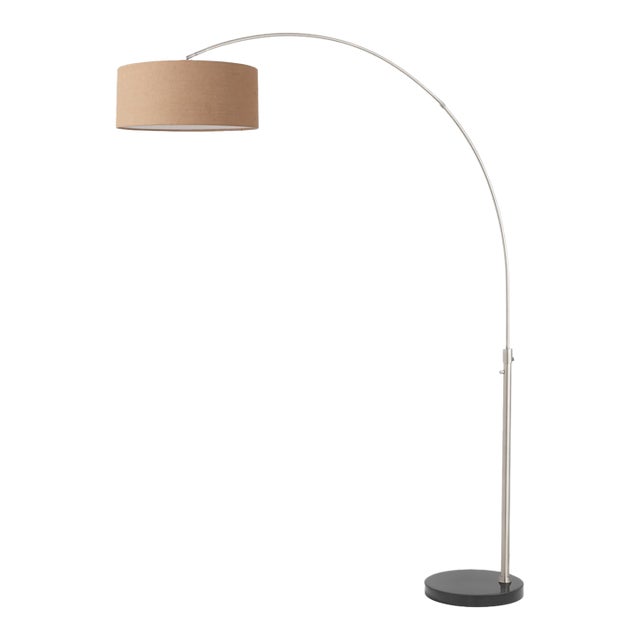 1960s 92-Inch Nova of California Float Floor Lamps - Mid Century Modern Arc, Satin Nickel Steel, Black Marble Base, Burlap Linen Shade For Sale