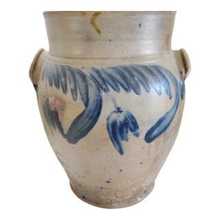 Antique Late 19th Century New England 2 Gal Churn With Cobalt Blue Tulips For Sale