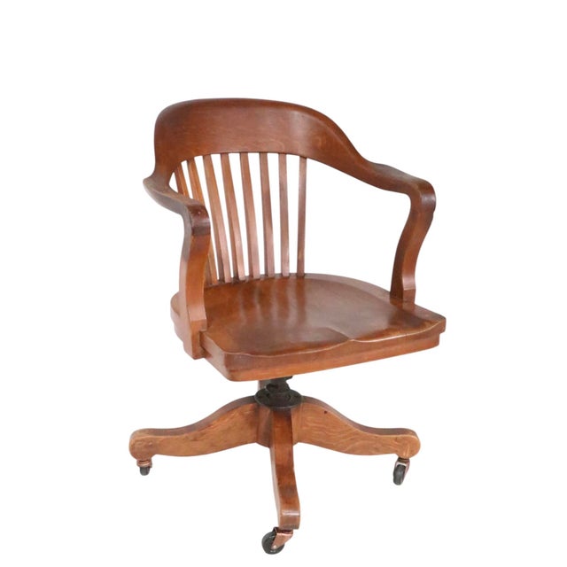 Victorian Early 20th Century Oak Bank of England Jury Style Swivel Desk Chair For Sale - Image 3 of 14