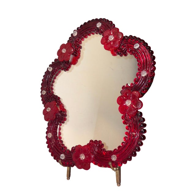 Vintage Red Floral Venetian Murano Glass Table Mirror For Sale - Image 4 of 10