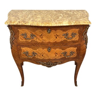 Vintage French Style Walnut Chest of Drawers with Marble Top For Sale