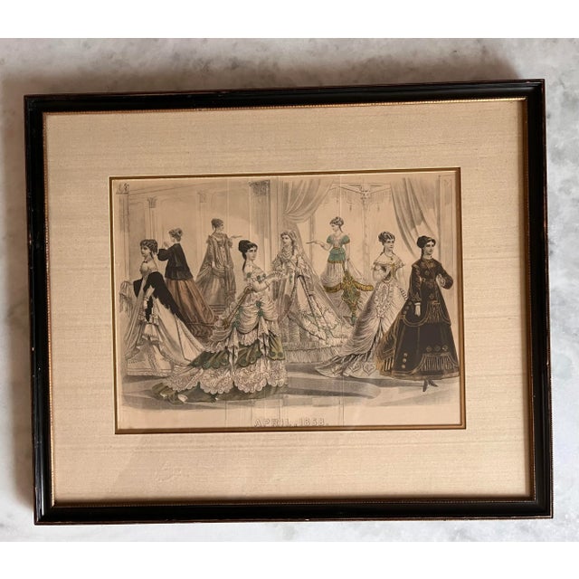 Figurative Antique 19th Century Fashion Hand Colored Fashion Magazine Advertisements - Framed Pair For Sale - Image 3 of 9