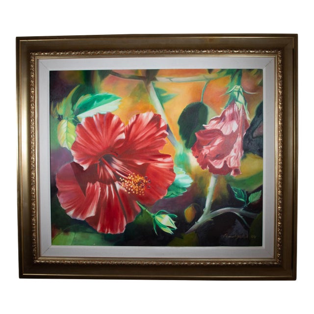 Large Original Oil Painting Hibiscus Still Life by Pamela Jekel 48" W X 42" H For Sale