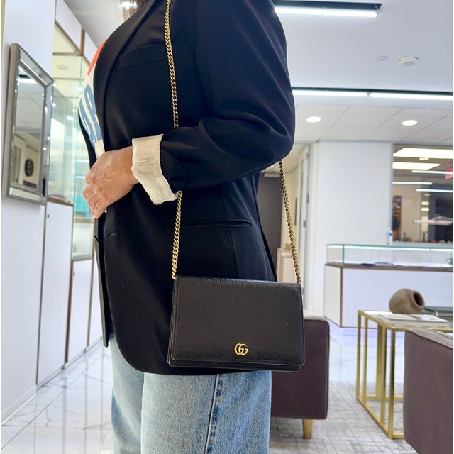 Gucci Gg Black Textured Leather Marmont Wallet on Chain