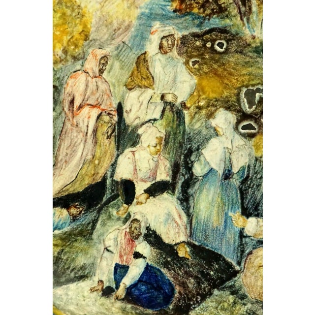 Item : Beautiful glazed and enameled ceramic plate, entirely hand-decorated, depicting a Renaissance scene, a rural idyll...