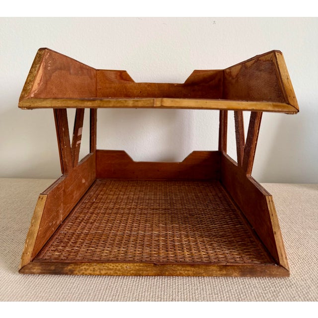 Boho Chic Bamboo Woven Rattan Tiered Desk Organizer For Sale - Image 3 of 9