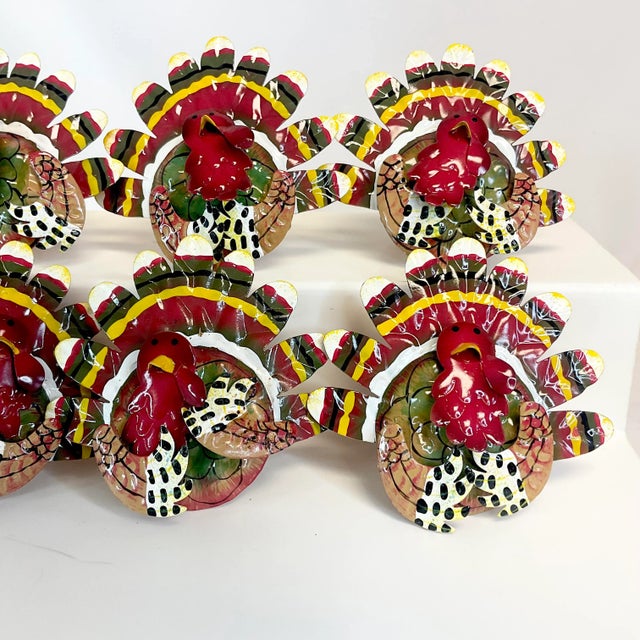 Metal Vintage Boho Chic Americana Arts & Crafts Enameled Tole Turkey Napkin Ring - Set of 8, Thanksgiving For Sale - Image 7 of 11