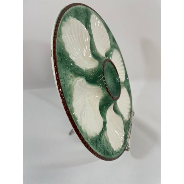 Green 1920s Antique French Longchamp Majolica Green and White Oyster Plate For Sale - Image 8 of 14