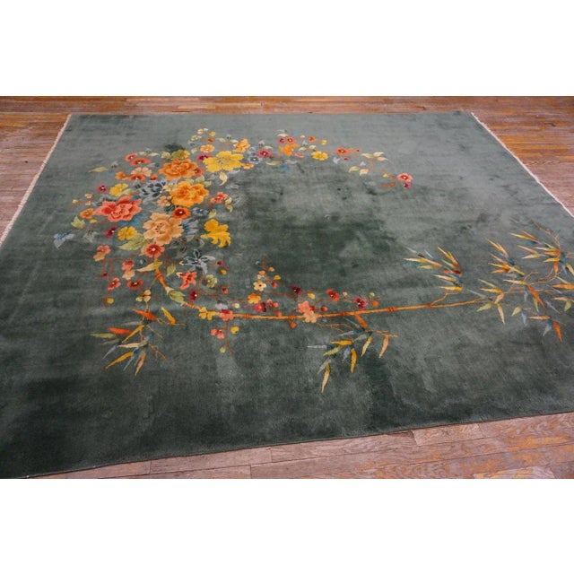 1930s Green Bamboo Floral Antique Chinese Art Deco Rug 8' 9'' X 11' 0'' Handknotted Wool Carpet For Sale - Image 10 of 12