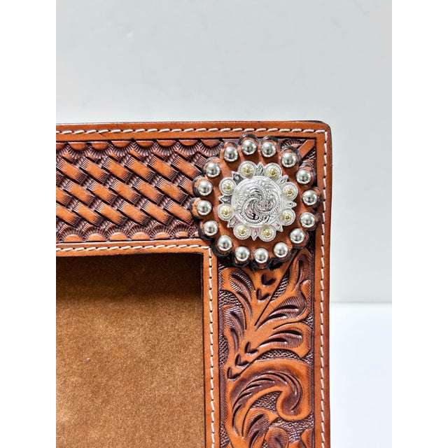 1980s Southwestern Tooled Leather Picture Frame With Concho Accents, Holds 5x7 Photo For Sale - Image 10 of 12