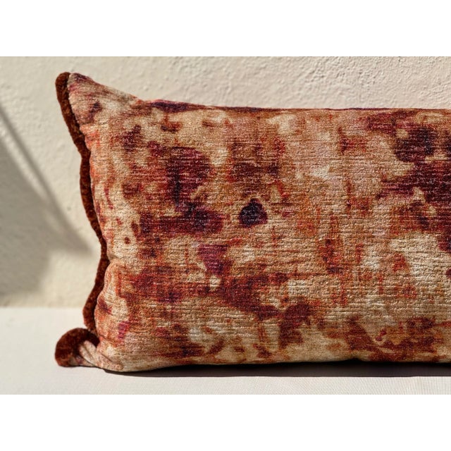 Luxurious oversized accent pillow in orange/ terracotta/ cream/ aubergine slub velvet with triple thick orange silk moss...