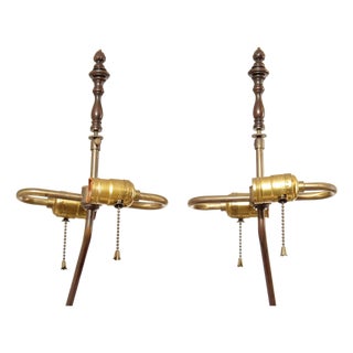 Vintage Pair Of Carved Hard Wood Chinese Figural Table Lamps With Brass Hardware For Sale