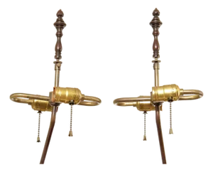 Vintage Pair Of Carved Hard Wood Chinese Figural Table Lamps With Brass Hardware
