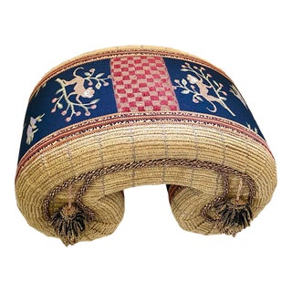 Late 20th Century Scrolled Tasselled Ottoman Pouf With Asian Monkey Motif For Sale