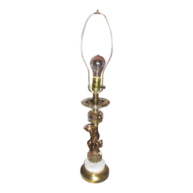 Vintage 1950s Hollywood Regency Cherub Brass, Crystal & Marble Table Lamp For Sale