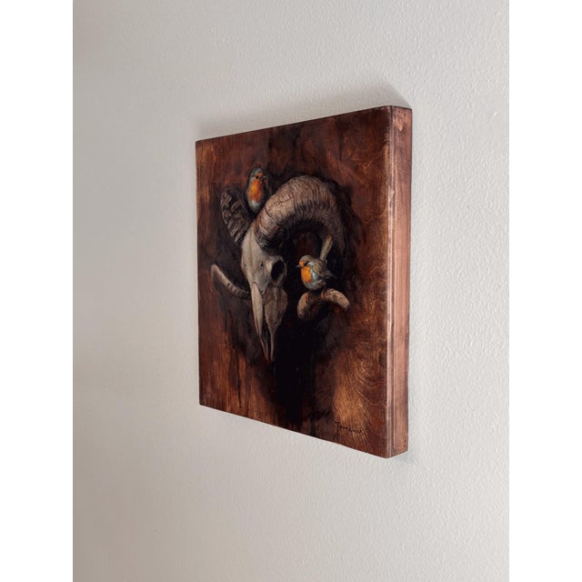 Echoes of Life by Terra Novak | Oil on wood Skull with birds on a wooden background For Sale - Image 4 of 5