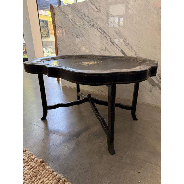 Black Antique Chinoiserie Tray Table – 19th C. Papier-Mâché, Faux Bamboo Base, Black Side Table For Sale - Image 8 of 9