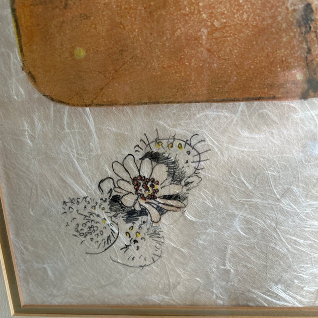 Abstract 1970s Lebadang Signed Lithograph on Handmade Paper, Titled, Red Blossoms on Orange For Sale - Image 3 of 7