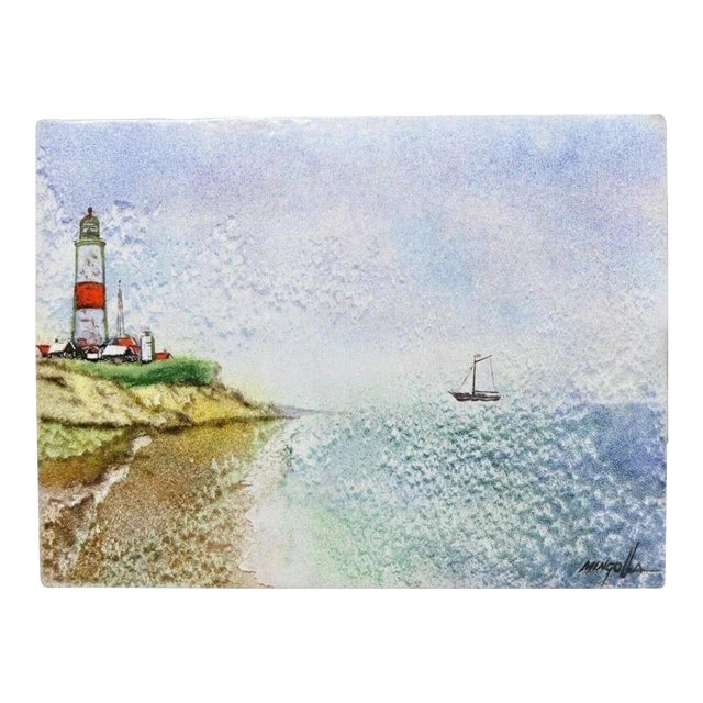 Late 20th Century Dom Dominic Mingolla Enamel on Copper Painting Red Lighthouse Shoreline For Sale