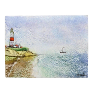 Late 20th Century Dom Dominic Mingolla Enamel on Copper Painting Red Lighthouse Shoreline