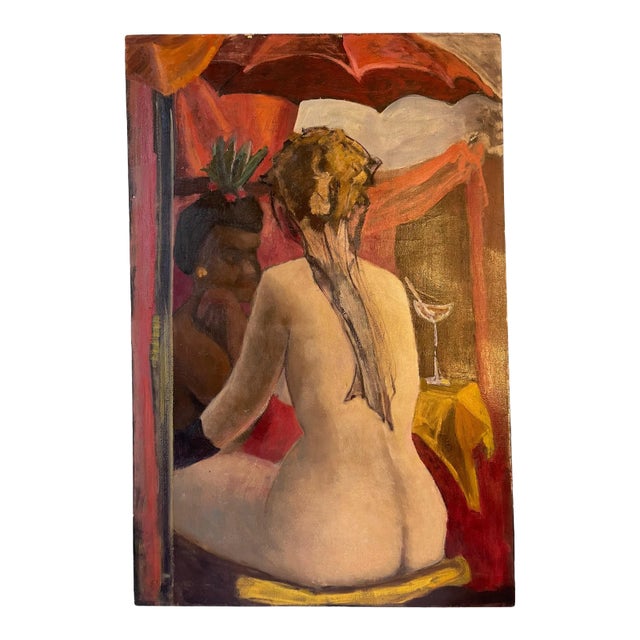 Mid 20th Century "Between Acts" Figurative Oil Painting by Hazel Schmitkonswas For Sale