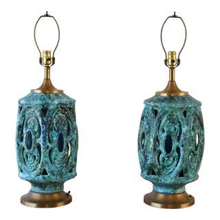 Pair of Sculptural Brutalist- Tiki- Mid-Century Drip Glaze Lamps- Honi Chilo Style For Sale