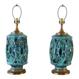 Pair of Sculptural Brutalist- Tiki- Mid-Century Drip Glaze Lamps- Honi Chilo Style