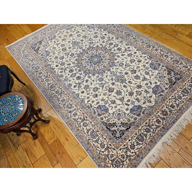 Vintage Exceptionally Fine Persian Nain Habibian Area Rug, Hand-Knotted Wool & Silk, Floral Pattern, 7x10, Ivory & Blue For Sale - Image 4 of 16