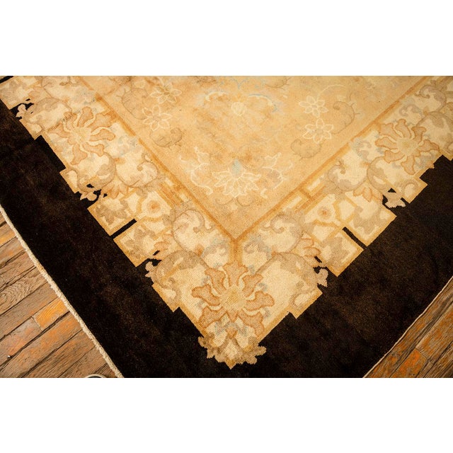1920s Soft Yellow Field Antique Floral Minimalist Knotted Wool Chinese Peking Rug For Sale In New York - Image 6 of 9