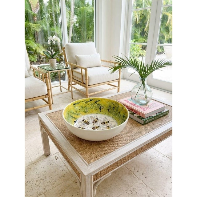 Vintage Hand-Painted Bee Motif Ceramic Bowl – Speckled Yellow Glaze Decorative Centerpiece Dish For Sale - Image 12 of 12