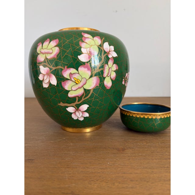 Chinese Vintage Chinese Green Cloisonné Prunus Blossom Lidded Ginger Jar For Sale - Image 3 of 6