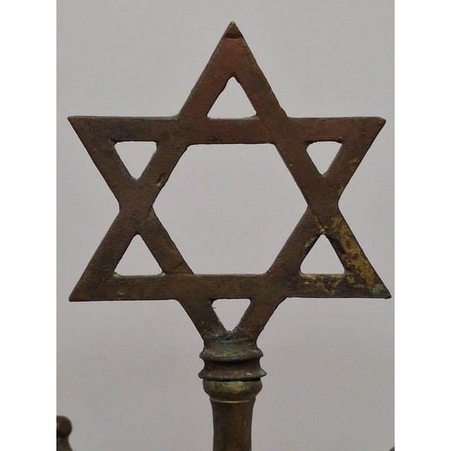Metal 19th C. Polish Bronze Sabbath Candelabrum Star of David Finial Large 18" Rare For Sale - Image 7 of 18