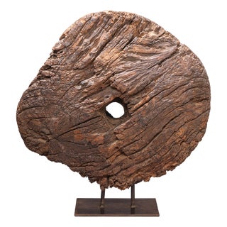 Vintage Wooden Cart Wheel on Iron Stand, 1940s For Sale