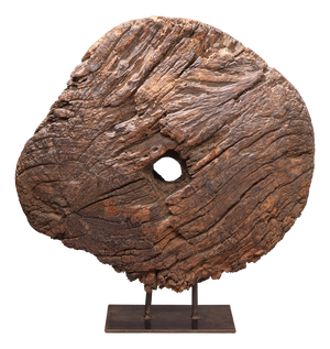 Vintage Wooden Cart Wheel on Iron Stand, 1940s