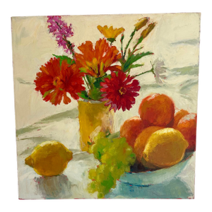 1990s Dale Payson “Still Life With Flowers and Fruit” – Oil on Canvas, 36" X 36"