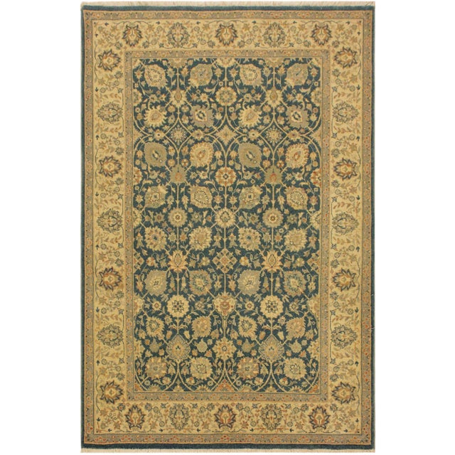 1980s Semi Vintage Turkish Knotted Teal Blue/Ivory Rug -4'2 X 6'3 For Sale