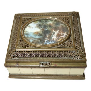 Antique Ornate Italy Bronze Filigree Celluloid Landscape Mini Painting Wood Box For Sale