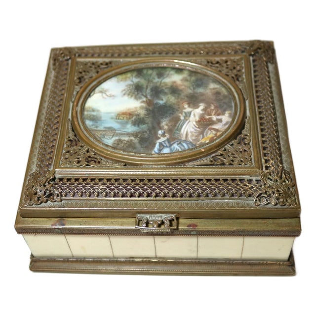 Antique Ornate Italy Bronze Filigree Celluloid Landscape Mini Painting Wood Box For Sale