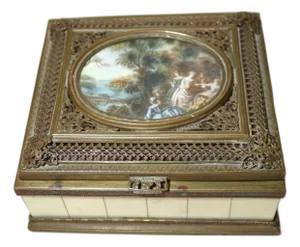 Antique Ornate Italy Bronze Filigree Celluloid Landscape Mini Painting Wood Box