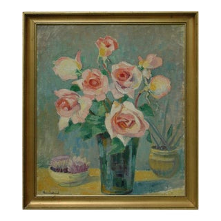 Bouquet of Roses by Hermine David, Oil on Cardboard Linen, Signed For Sale